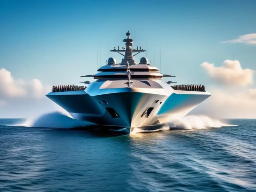 Nave naval futurista surcando aguas cristalinas Un navío futurista corta aguas cristalinas en una exposición naval de tecnología marítima