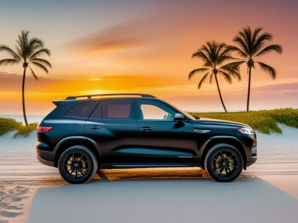 Un SUV negro de lujo estacionado en una playa blanca al atardecer, con el mar brillante de fondo y palmeras meciéndose suavemente