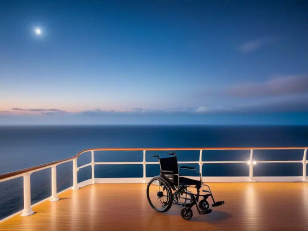 Una noche estrellada en cubierta de crucero, con silla de ruedas cerca del pasamanos