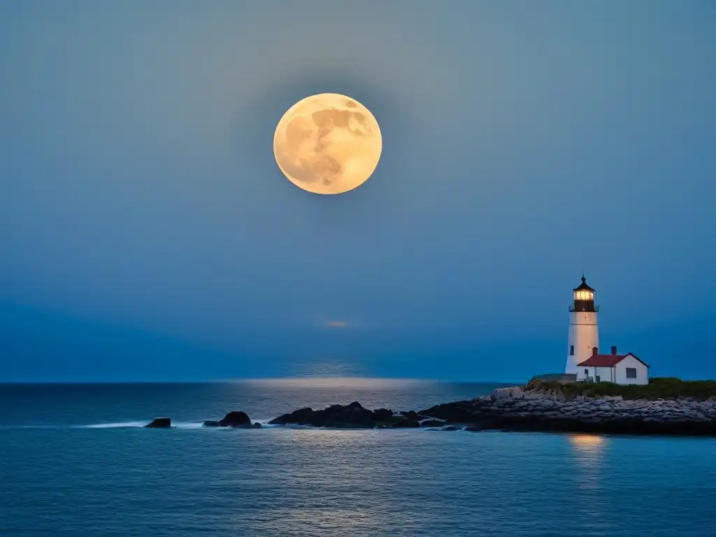 Una noche misteriosa en el mar iluminada por la luna, con un faro en la distancia