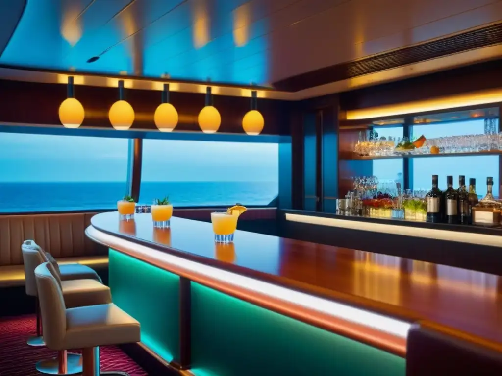 Una noche temática en crucero: elegantes cócteles vibrantes en bar iluminado, ambiente sofisticado y cálido