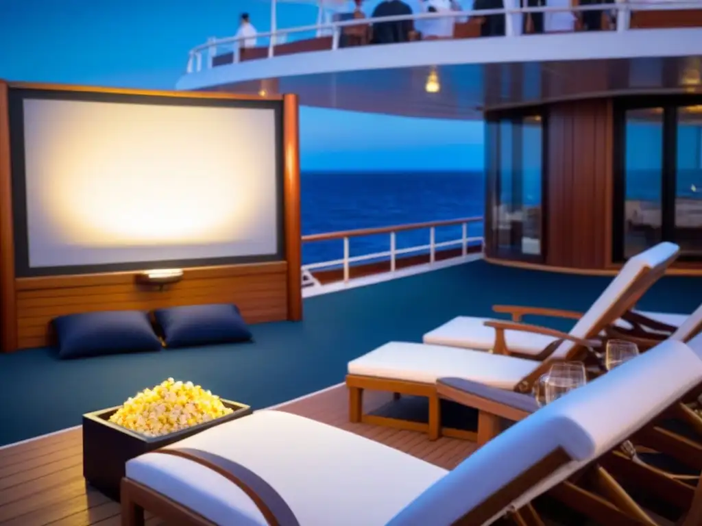 Noches de cine en crucero: ambiente lujoso con pantalla blanca gigante bajo un cielo estrellado, sillas elegantes y luces brillantes