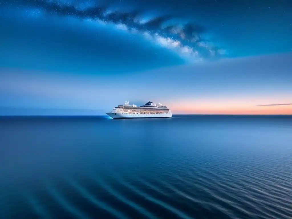 Noches de cine en crucero: Ilustración detallada de un cielo nocturno sobre el mar con un elegante barco iluminado en la distancia