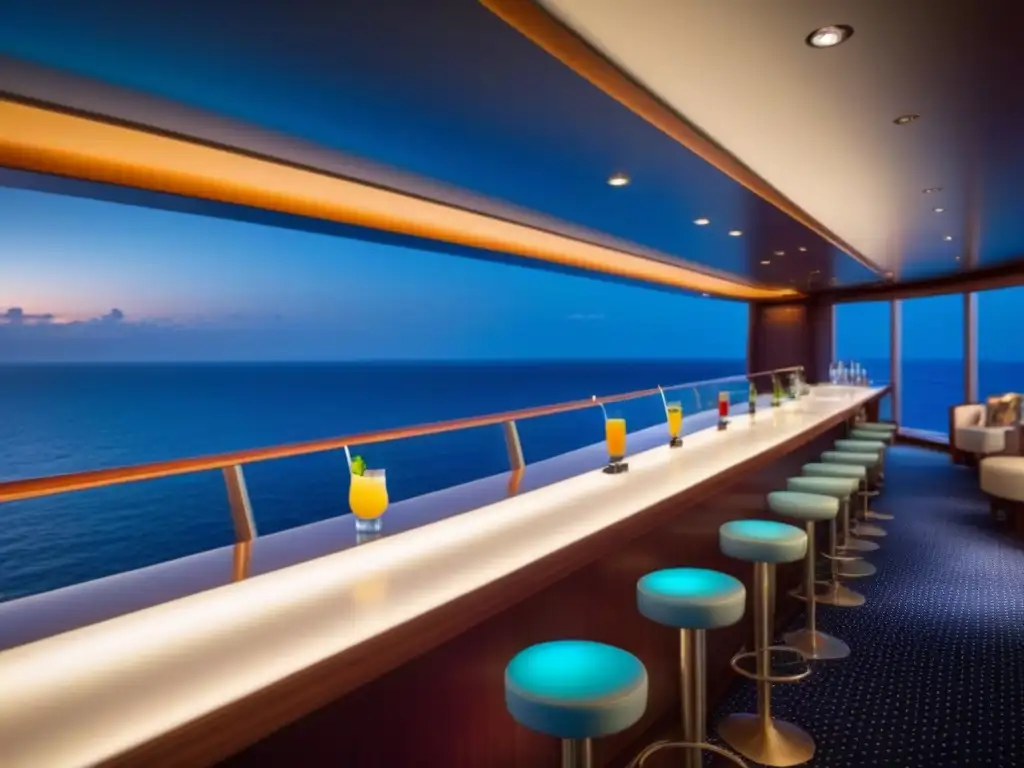 Noches temáticas en cruceros: elegante bar de cócteles en un lujoso barco, con vista al mar nocturno y coloridos tragos alineados en la barra