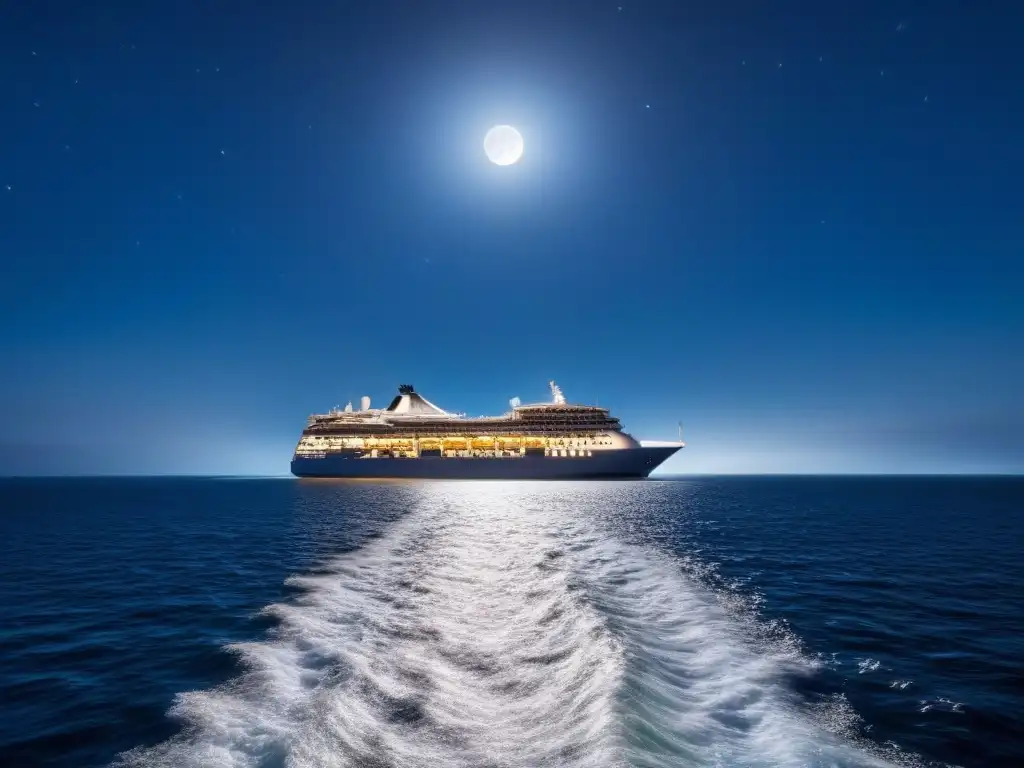 Fotografía nocturna en cruceros: Noche serena en un crucero, iluminado por la luna sobre el océano tranquilo y estrellado