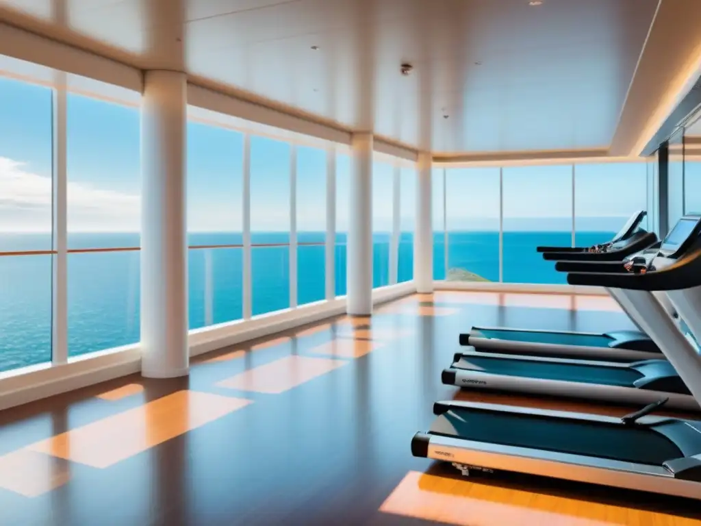 Un oasis de bienestar en un gimnasio de crucero moderno con vista al mar y equipamiento de última generación