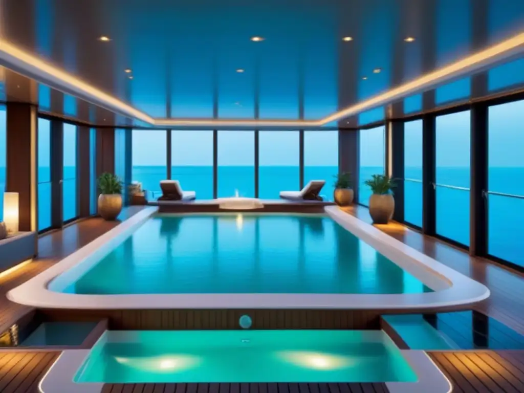 Un oasis de bienestar marítimo en un lujoso spa de crucero: diseño elegante, tonos neutros y ambiente sereno con piscina interior y vista al mar