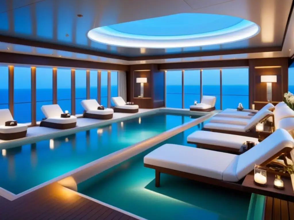 Un oasis de bienestar y opulencia en cruceros: spa lujoso con diseño minimalista, colores neutros y iluminación suave