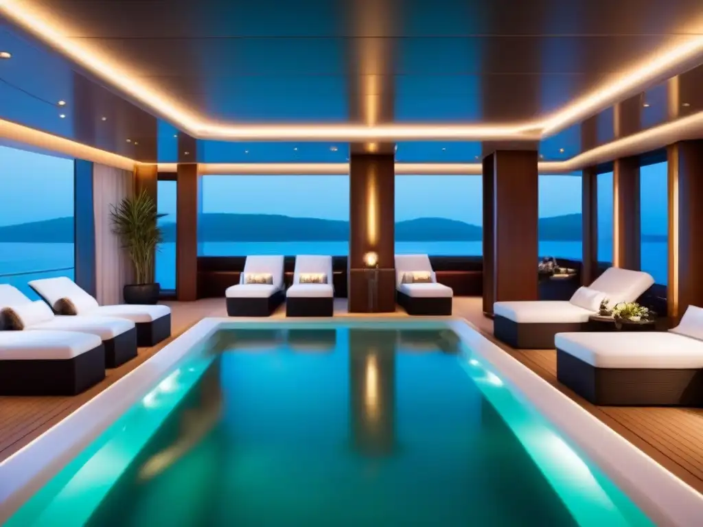 Oasis de bienestar y opulencia en cruceros: spa lujoso con diseño moderno, iluminación ambiental suave y atmósfera tranquila
