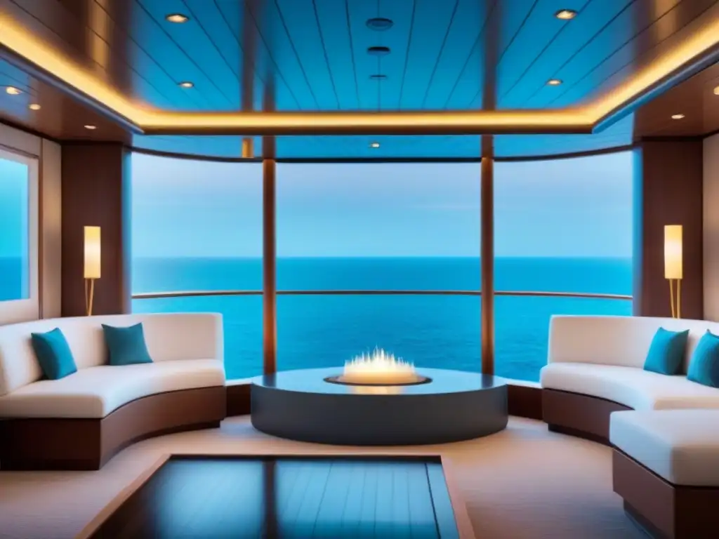 Un oasis de calma y lujo en un spa de crucero, con diseño moderno y colores neutros, ideal para relajarse