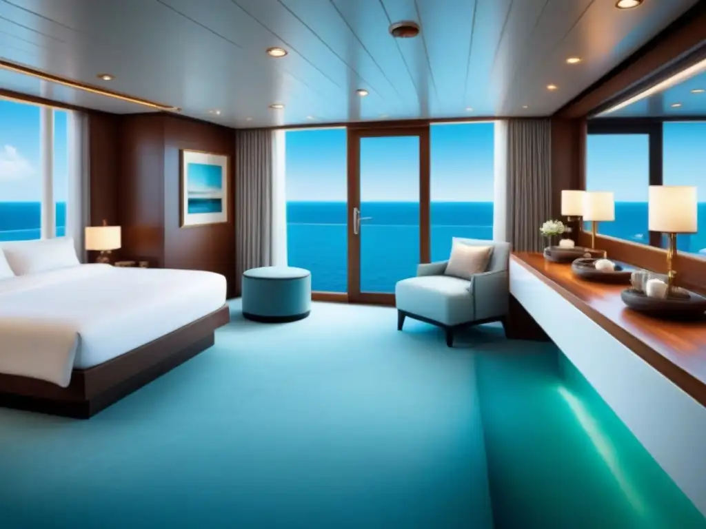 Un oasis de elegancia en un crucero de lujo con diseño moderno, decoración elegante y vistas panorámicas al mar