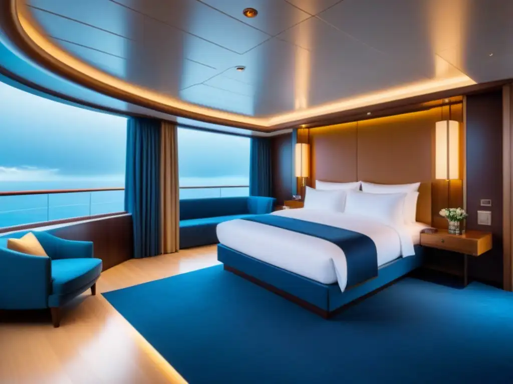 Un oasis de lujo en un crucero de prestigio con cama king, balcón privado y elegante diseño