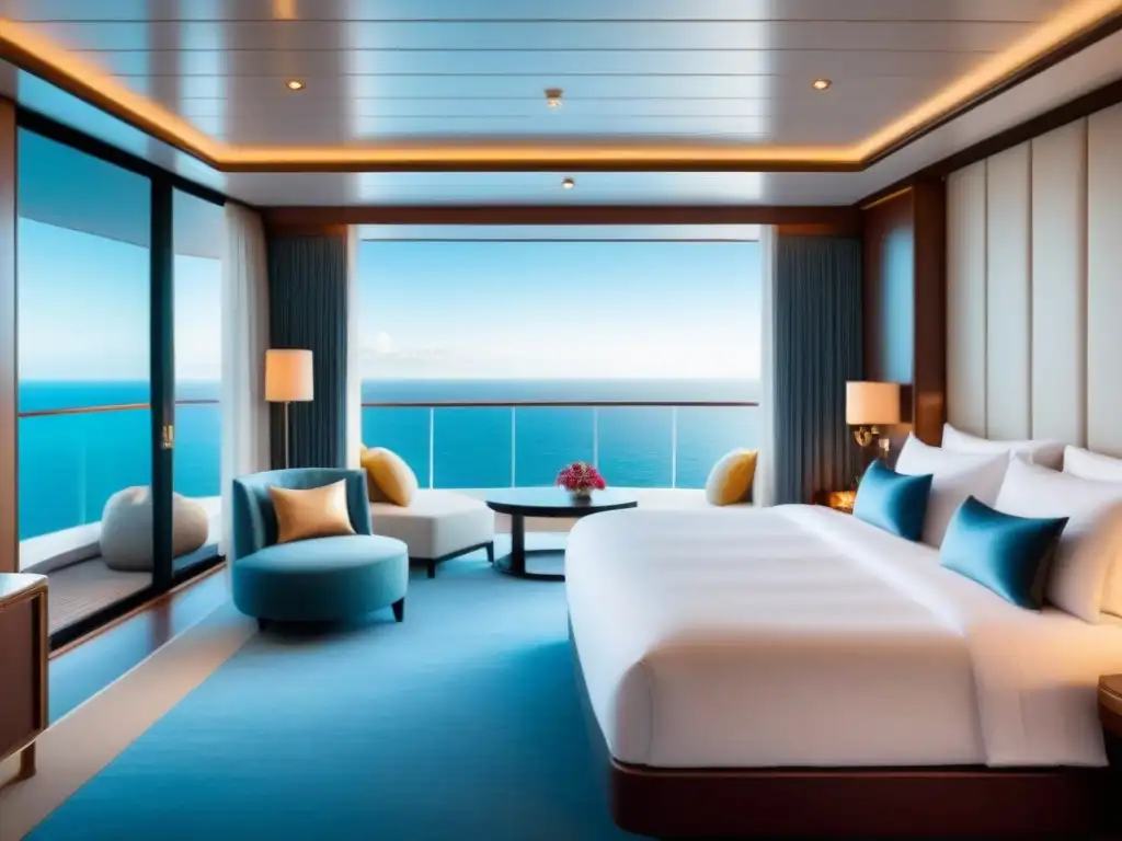 Un oasis de lujo en un crucero: suite con vista al mar, cama king, chandeliers de cristal y balcón con jacuzzi