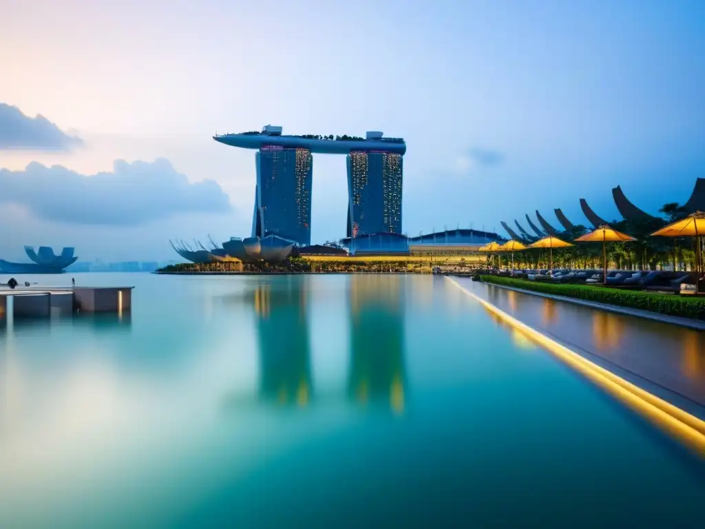 Un oasis de lujo en Singapur: Marina Bay Sands se alza majestuoso al atardecer, reflejando en las aguas, lugares lujo Singapur inesperados