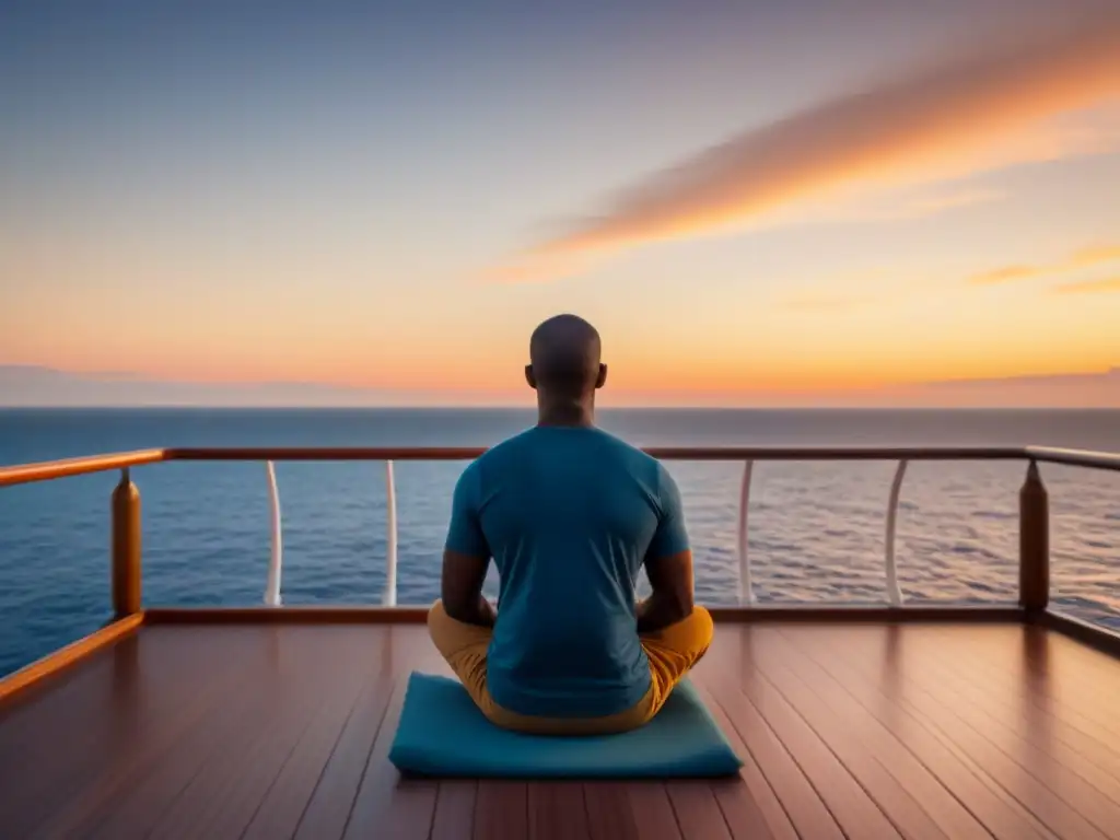 Un oasis de paz en crucero: persona meditando al atardecer en cubierta, rodeada de tranquilas aguas y cielo colorido reflejado en el mar