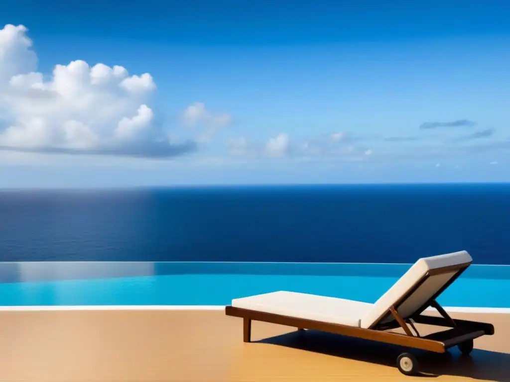 Un oasis de paz en crucero: una silla solitaria en el borde de una piscina, con el mar calmo y cielo azul de fondo