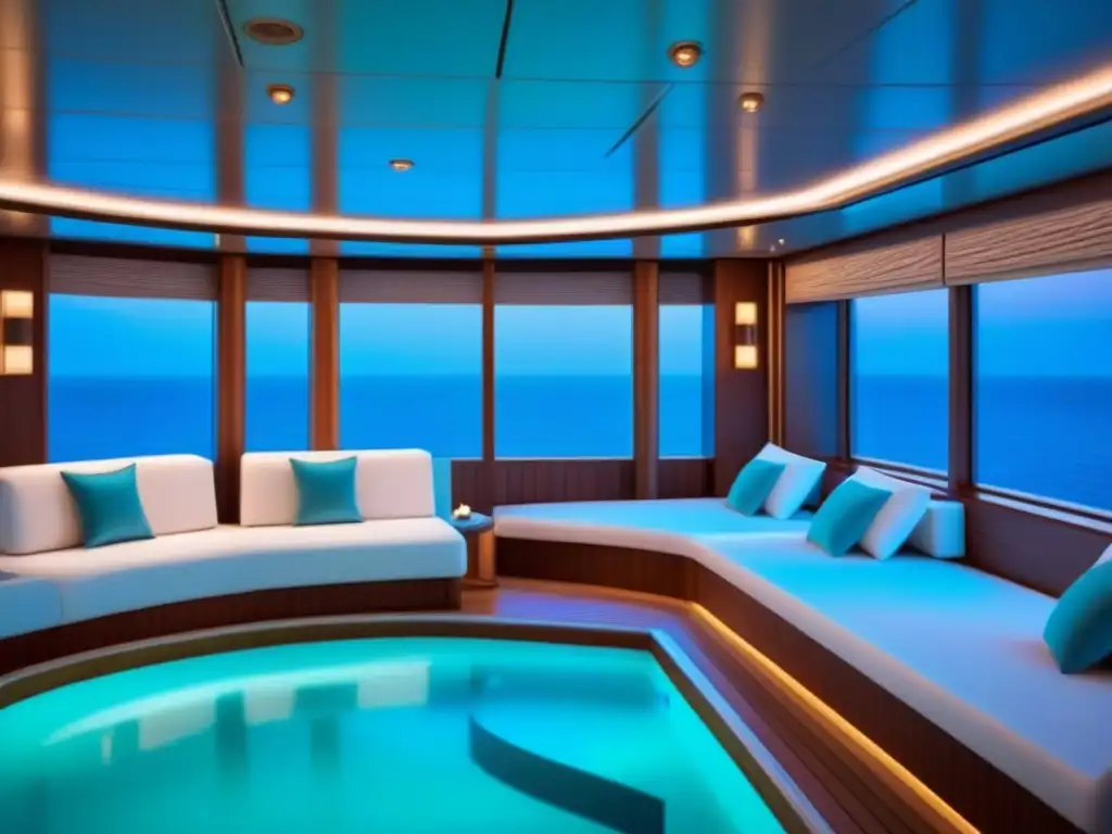 Un oasis de relajación en un crucero de lujo, con detalles minimalistas y elegantes spas de lujo en cruceros