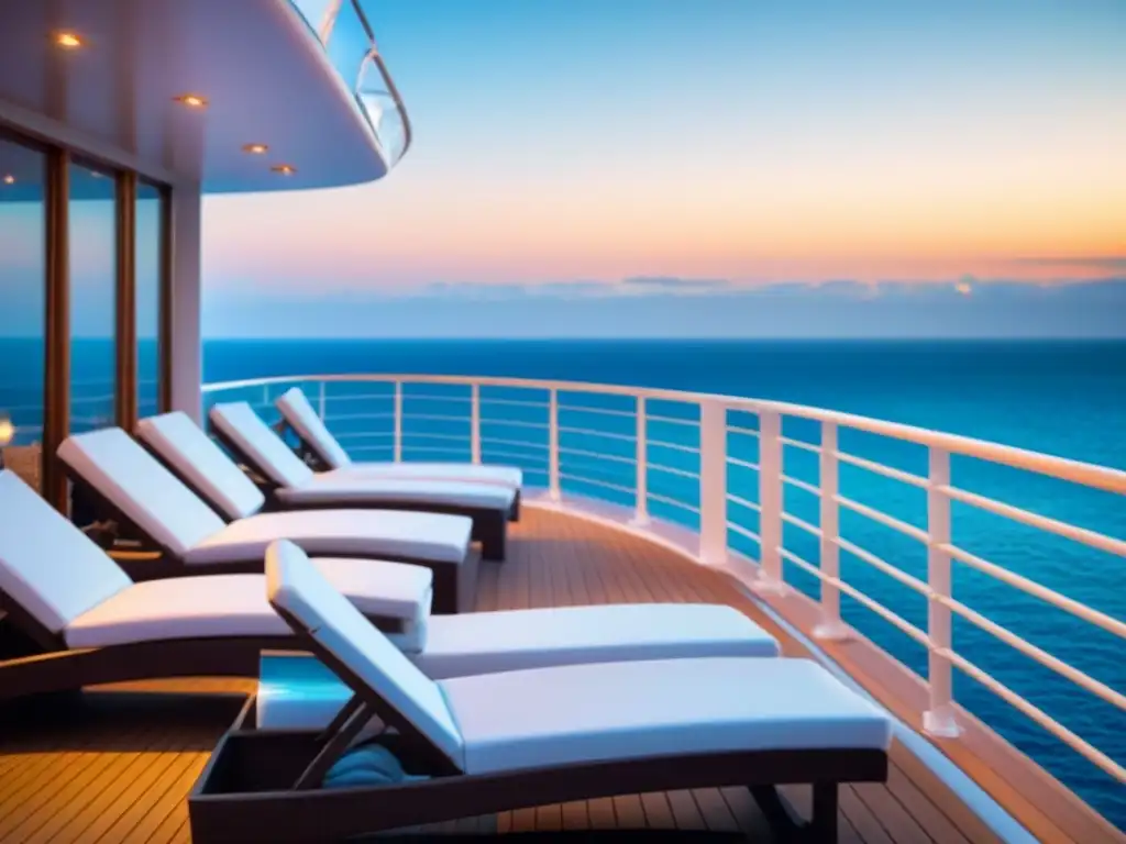 Un oasis de relajación en un crucero de lujo al atardecer, con sillas blancas y el mar en calma