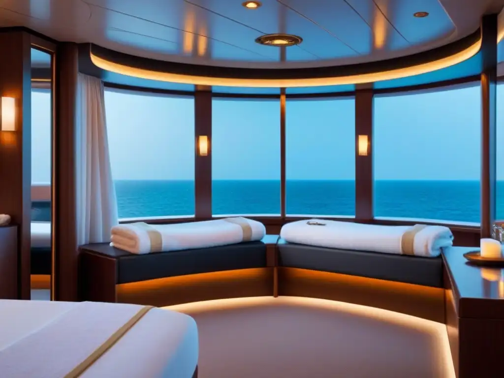 Un oasis de relajación en un crucero de lujo, con decoración minimalista y productos de spa