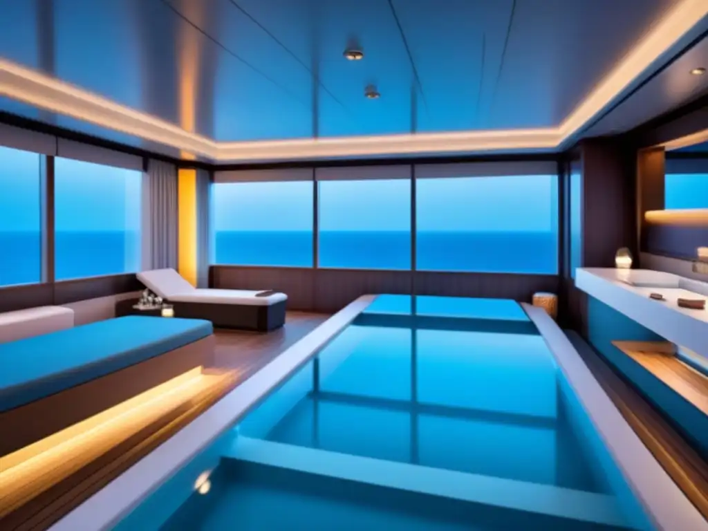 Un oasis de relajación en un crucero marítimo con beneficios spa, tonos azules y diseño elegante