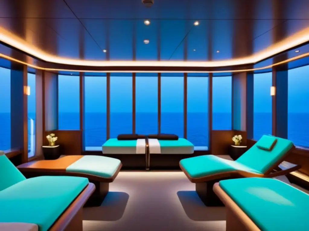 Spa de lujo en crucero: diseño moderno y relajación innovadora Un oasis de relajación en crucero: diseño moderno, iluminación suave y vista al mar