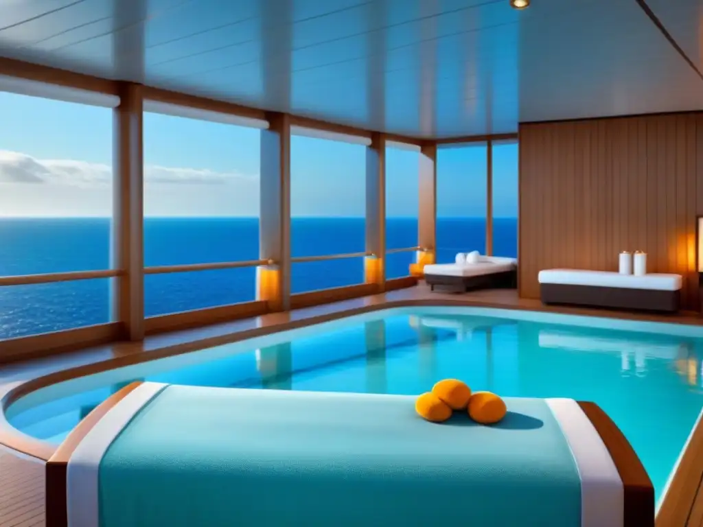 Un oasis de relajación en un spa de crucero, con decoración minimalista y vistas al mar