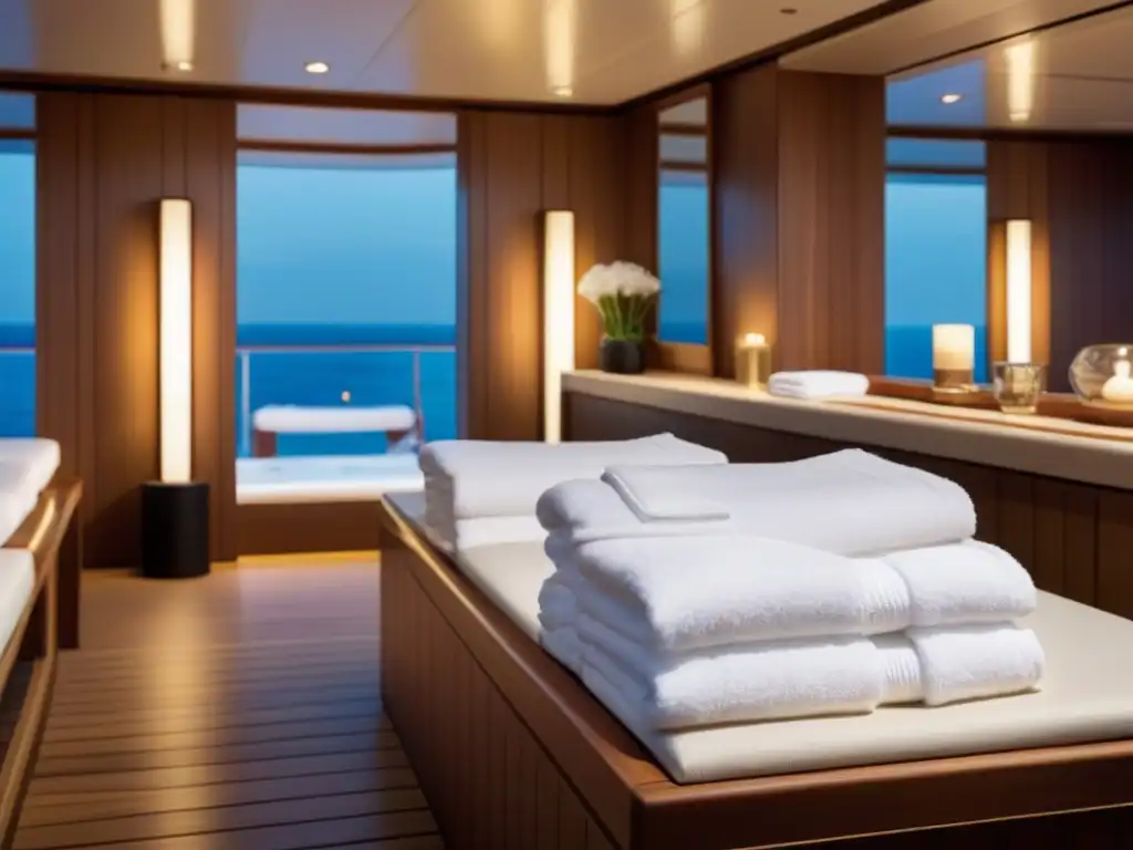 Spa de lujo en crucero: tranquilo oasis marino Un oasis de relajación en un spa moderno a bordo de un crucero, con diseño minimalista y toques de lujo