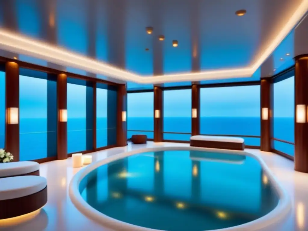 Un oasis de serenidad y lujo en un crucero, con diseño minimalista, mármol blanco y vistas al mar