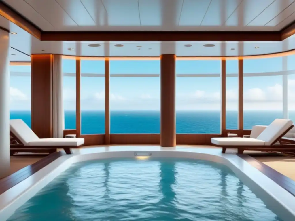 Un oasis de tranquilidad en un lujoso crucero, con diseño moderno, tonos neutros y un jacuzzi burbujeante