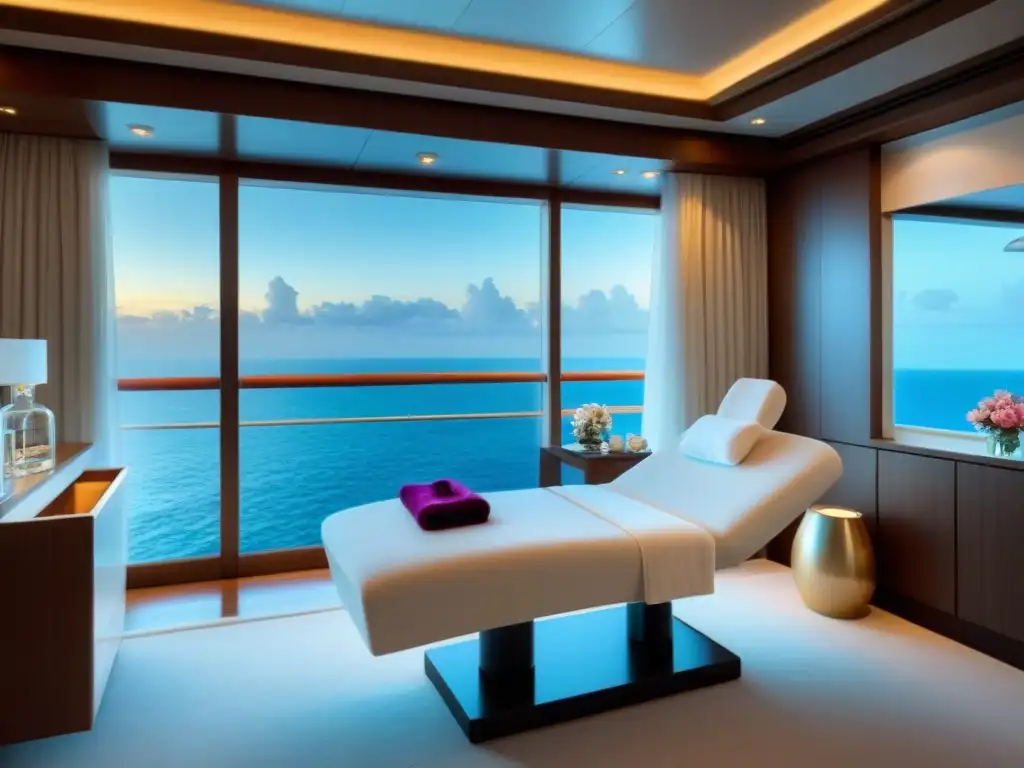 Un oasis de tranquilidad en un lujoso spa de crucero, con decoración minimalista y vista al mar