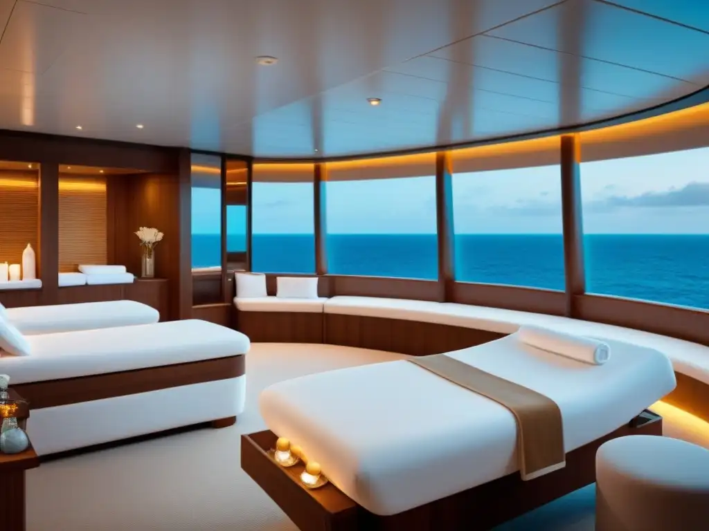 Un oasis de tranquilidad en un spa de lujo en un crucero, con diseño minimalista y vista al mar