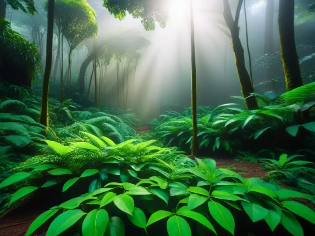 Un oasis de vida en la selva tropical, con la luz del sol filtrándose entre las hojas