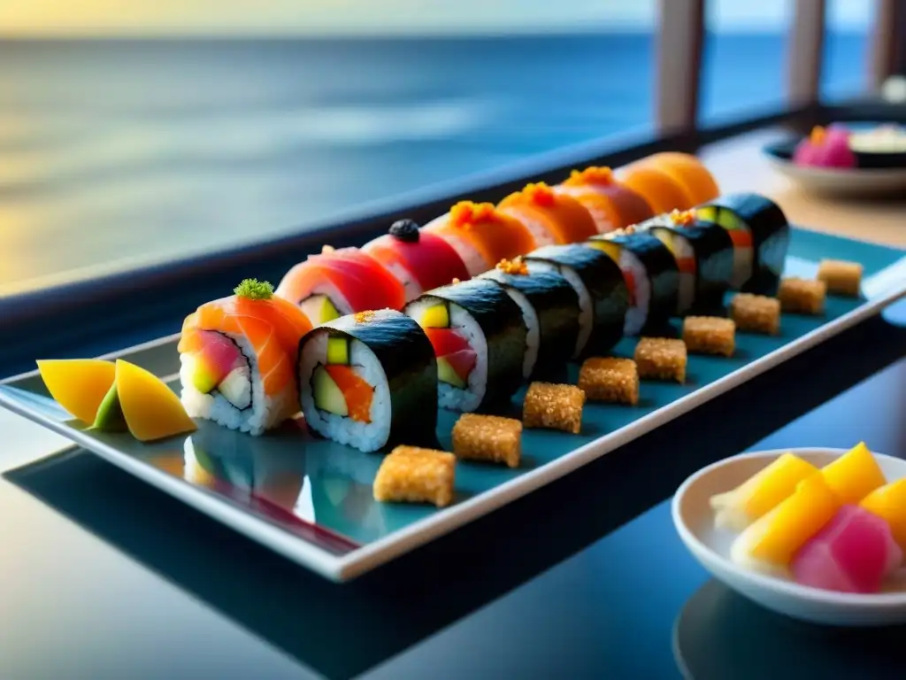 Una obra de arte culinaria asiática en un crucero de lujo: sushi y sashimi en un plato elegante, con el mar de fondo al atardecer