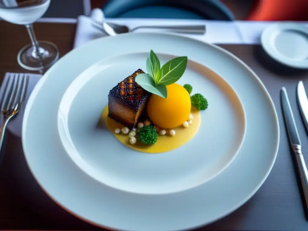 Una obra de arte culinaria con colores vibrantes y detalles sofisticados en la cocina internacional de cruceros de lujo