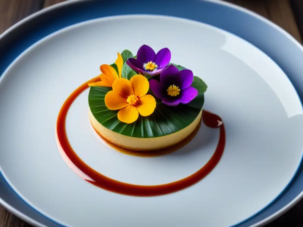 Una obra de arte culinaria con flores comestibles, decoraciones intrincadas y una salsa, en un plato blanco sobre fondo minimalista