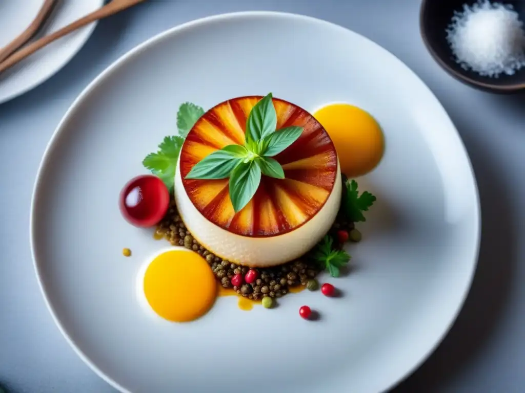 Una obra de arte culinaria con una fusión de cocinas internacionales en cruceros en un plato blanco minimalista