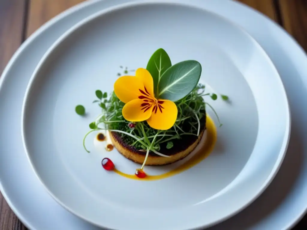 Una obra de arte culinaria en un plato blanco impecable, con detalles elegantes y delicados, resaltando la gastronomía en cruceros de lujo