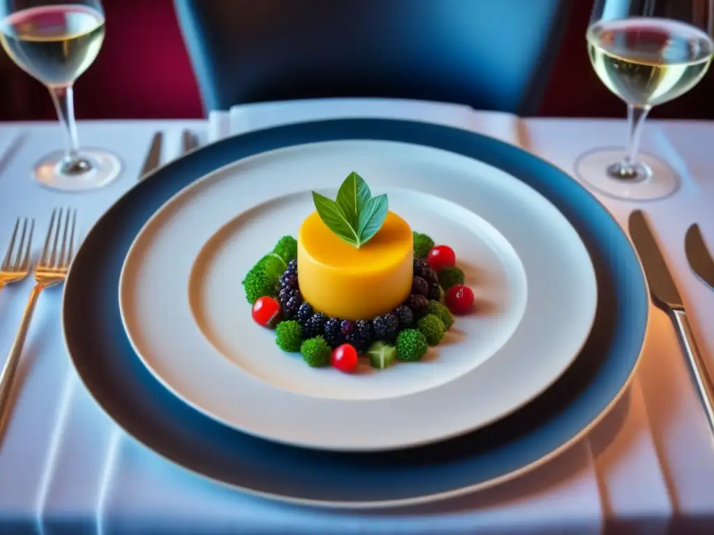 Obra culinaria de lujo en crucero: plato gourmet exquisitamente presentado en mesa elegante, detalle y color vibrante