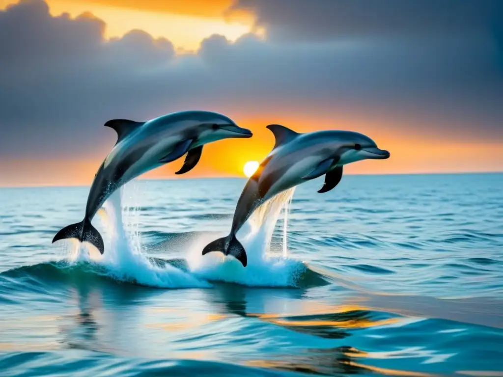 Un océano cristalino con delfines saltando bajo el sol dorado del atardecer, en armonía con la naturaleza