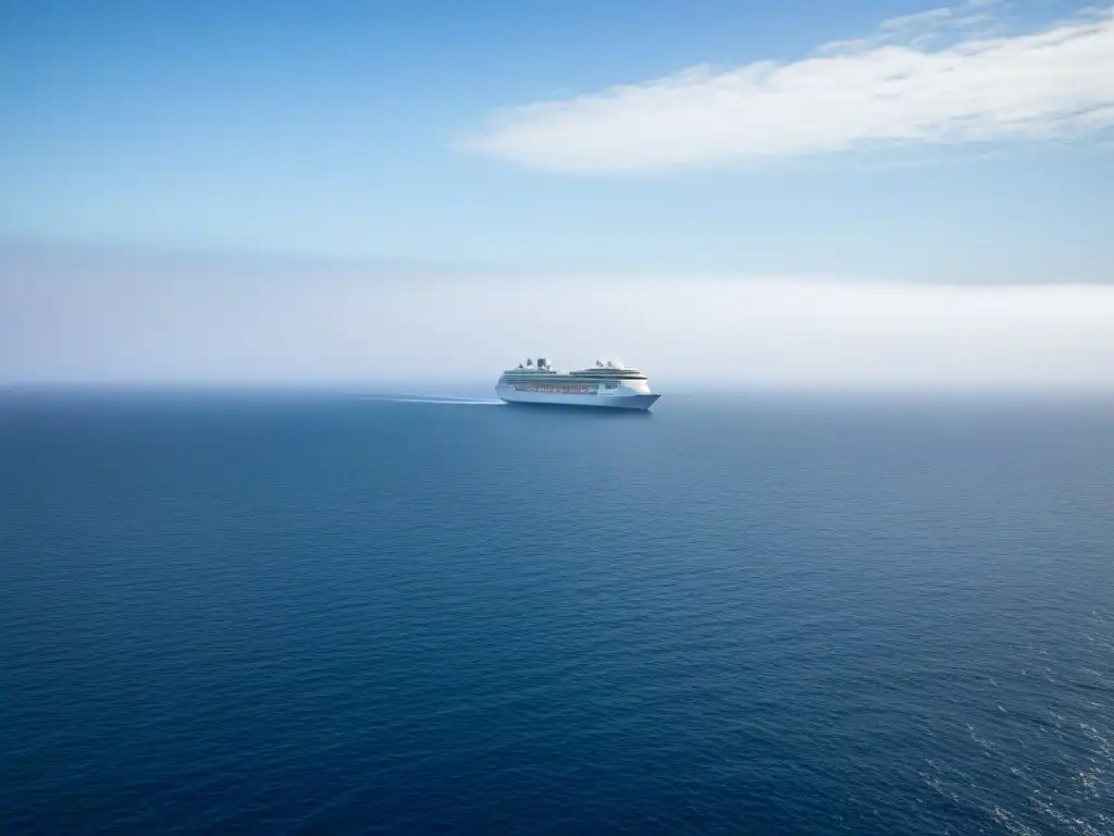 Un océano cristalino se extiende hasta el horizonte, con un elegante crucero en la distancia