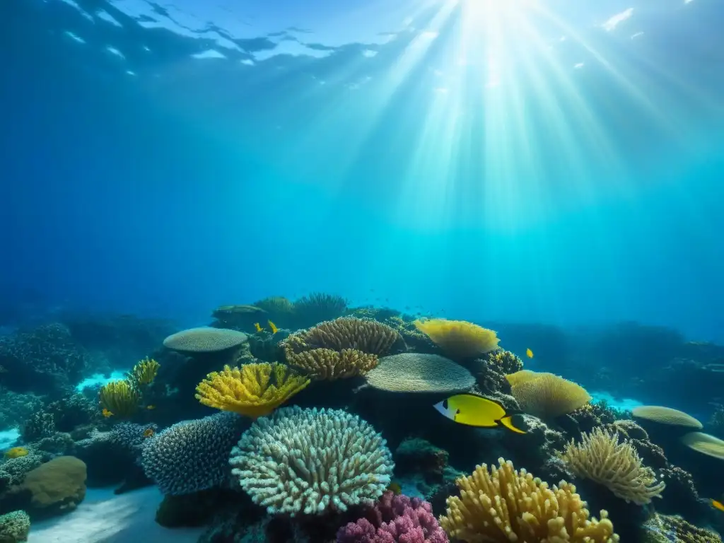 Un océano cristalino lleno de vida marina y arrecifes de coral, resaltando la importancia de las iniciativas ecológicas en cruceros de impacto global