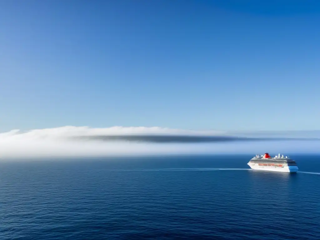 Un océano cristalino y sereno con un elegante crucero navegando en la distancia, resalta la importancia de la conservación en cruceros marítimos