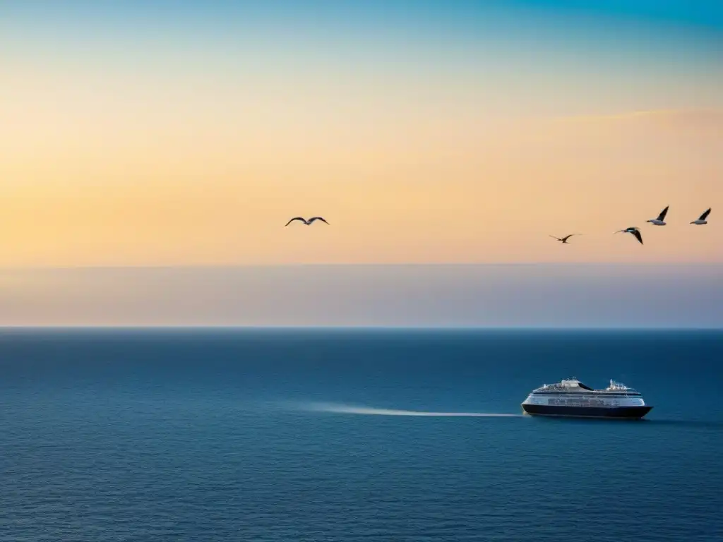 Calmar atardecer en el mar: crucero sostenible y naturaleza Un océano cristalino reflejando el sol poniente sobre un crucero solitario rodeado de gaviotas