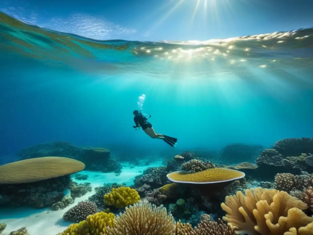 Un océano prístino y cristalino con vida marina vibrante alrededor de un arrecife de coral colorido