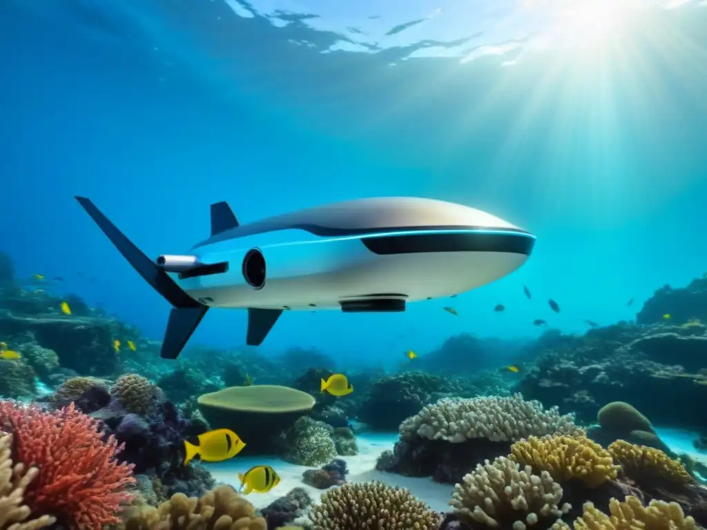 Explora el océano con un dron submarino moderno, capturando la belleza de un arrecife de coral