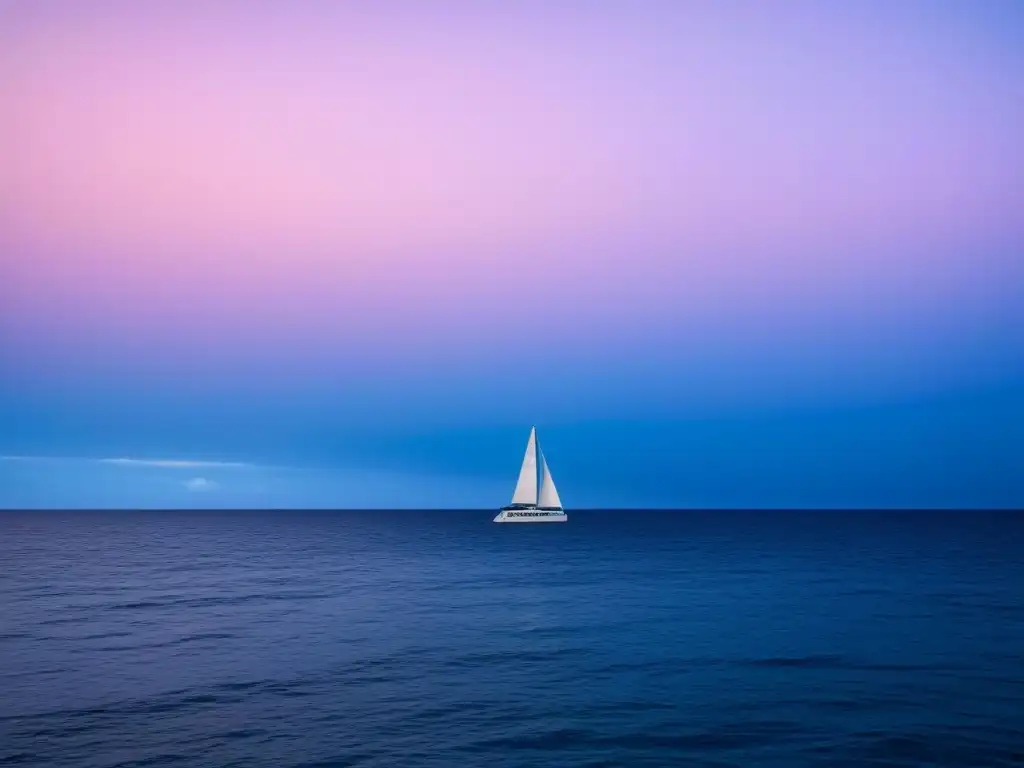 Un océano impresionante al atardecer con un cielo de tonos pastel y un velero solitario en el horizonte