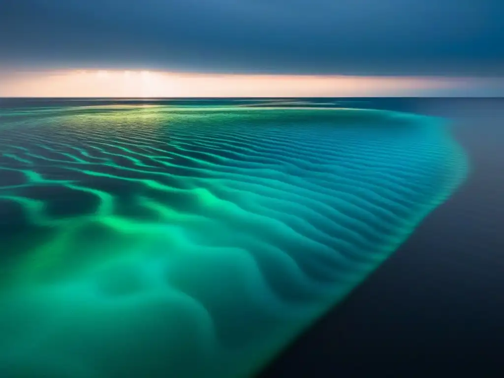 Un océano oscuro iluminado por fitoplancton bioluminiscente en tonos azules y verdes