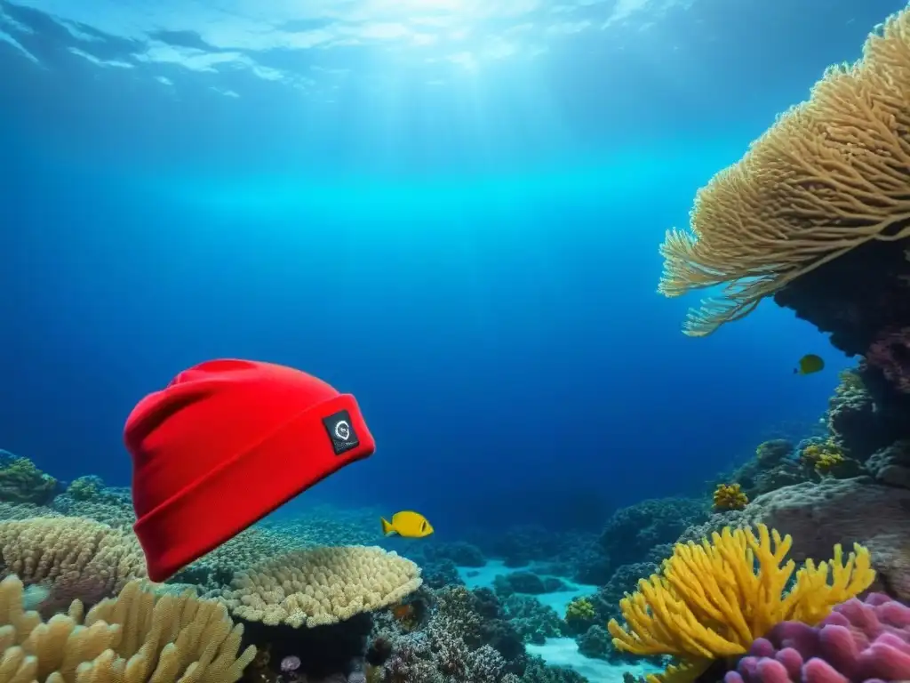 La icónica boina roja de Jacques Cousteau flota en el océano rodeada de corales, peces y plantas marinas, capturando la esencia de la exploración y la conexión del explorador con el mar