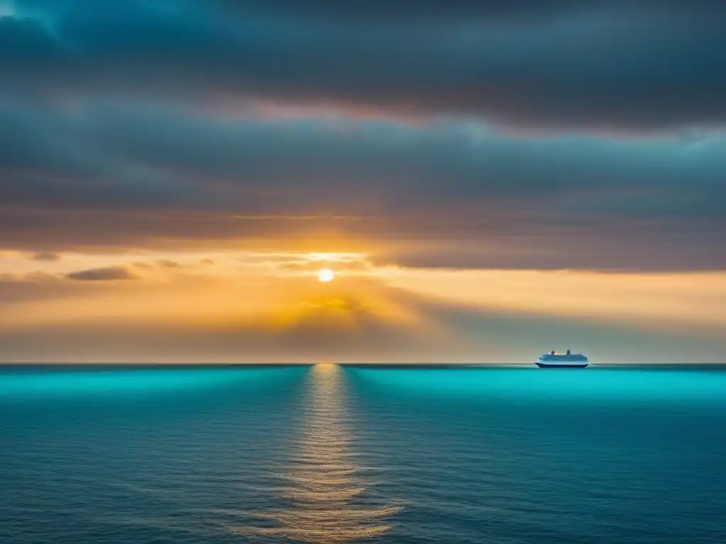 Un océano sereno reflejando el atardecer dorado, con un crucero solitario en la distancia