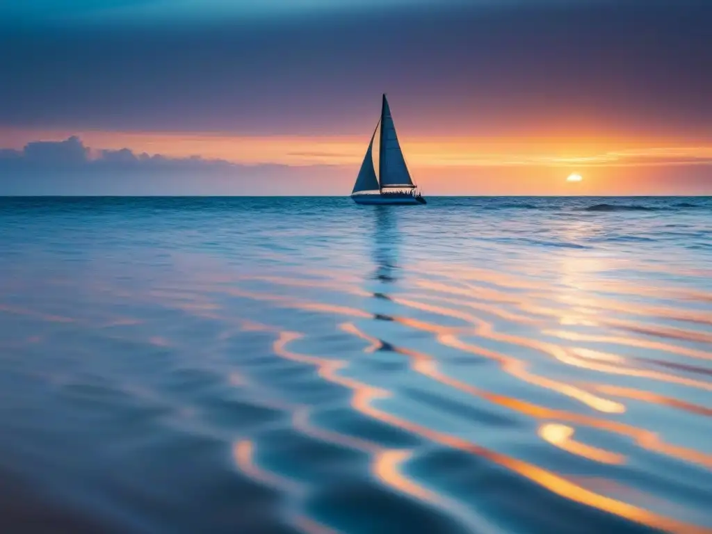 Un océano sereno al atardecer con patrones en el agua, reflejando el cielo cálido